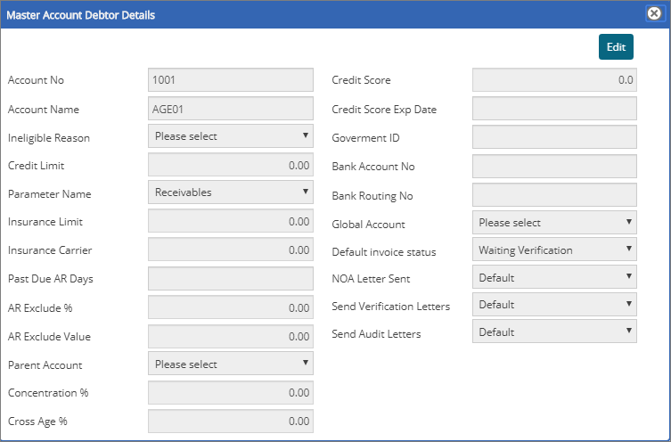  Master Account Debtor Details pop up